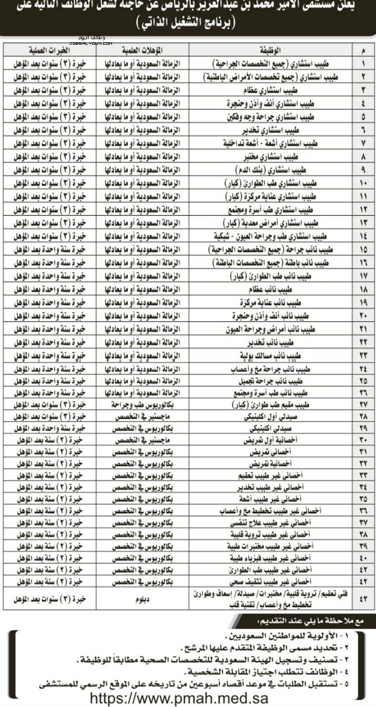 وظائف مستشفى الامير محمد بن عبدالعزيز